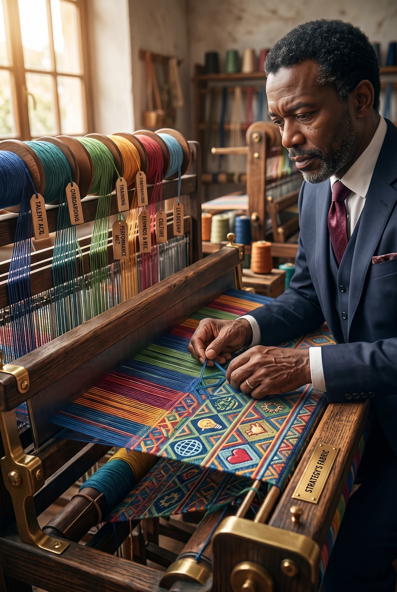 An executive at a traditional loom weaving colored threads labelled with HR functions — talent, onboarding, performance, culture, leadership — into a single patterned cloth representing strategy's fabric
